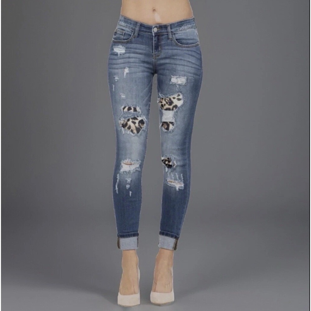Judy Blue Women Jeans Skinny Leopard Patch Distressed Stretch Blue 5/27 NWT